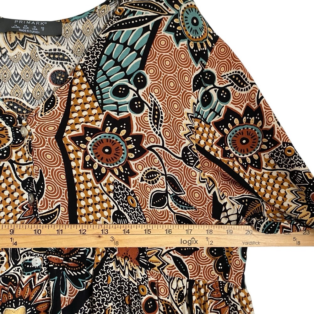 Shirt Dress US 10 Brown Floral V-neck Tiered Knee Length Boho Grunge Western - Picture 5 of 11